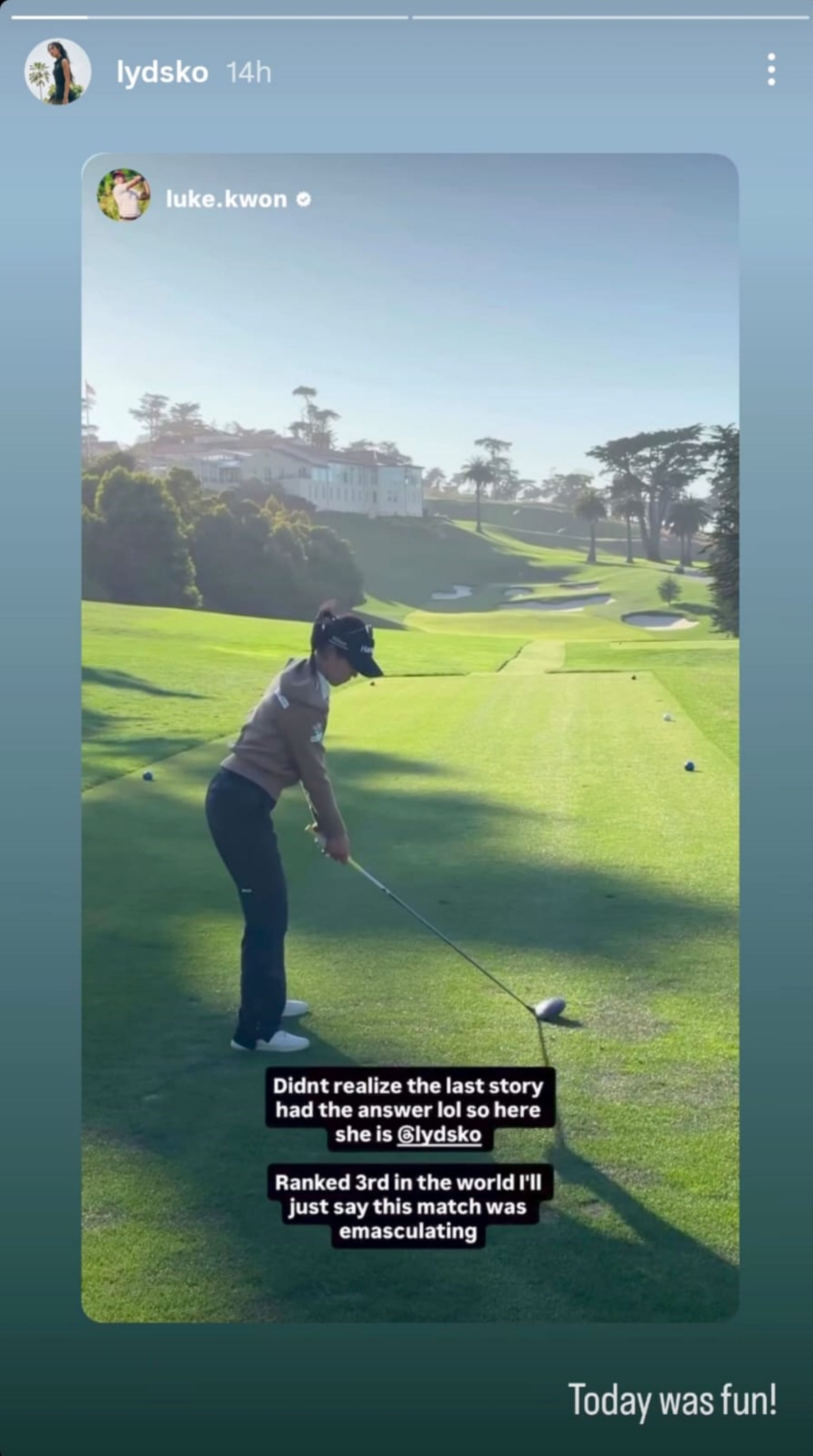 Lydia Ko reshared Luke Kwon’s Instagram story from their round at The Olympic Club (Image via @lydsko)
